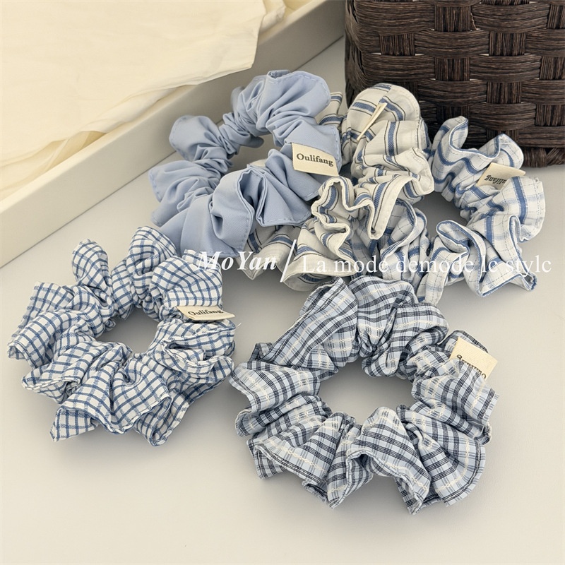 Women's All Season Cloth Hair Scrunchies Blue White Checkered Plaid