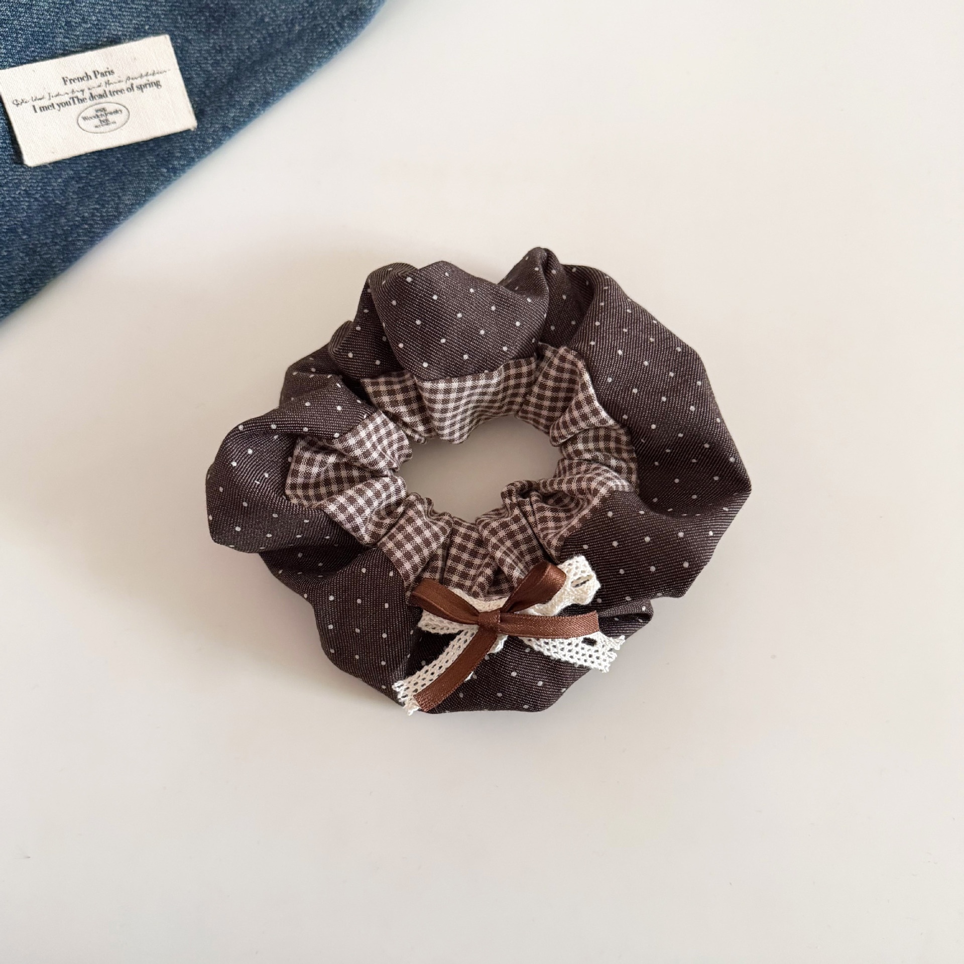 Women Cloth Ponytail Bow Hairband Navy Blue Coffee Plaid Polka Dot