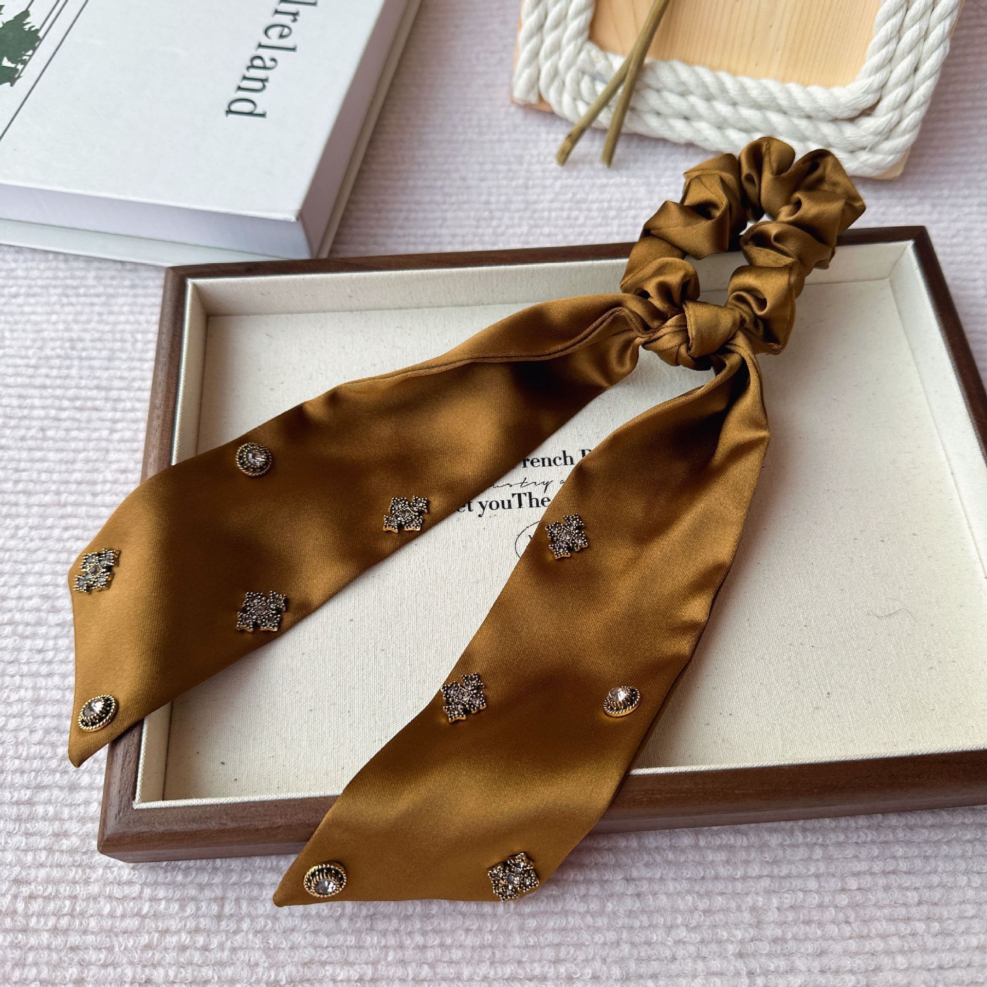 Women's French Rhinestone Satin Hair Tie Spring Accessory Black