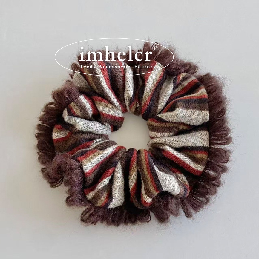 Women's Autumn Winter Knitted Yarn Bow Hair Tie Striped Color Block