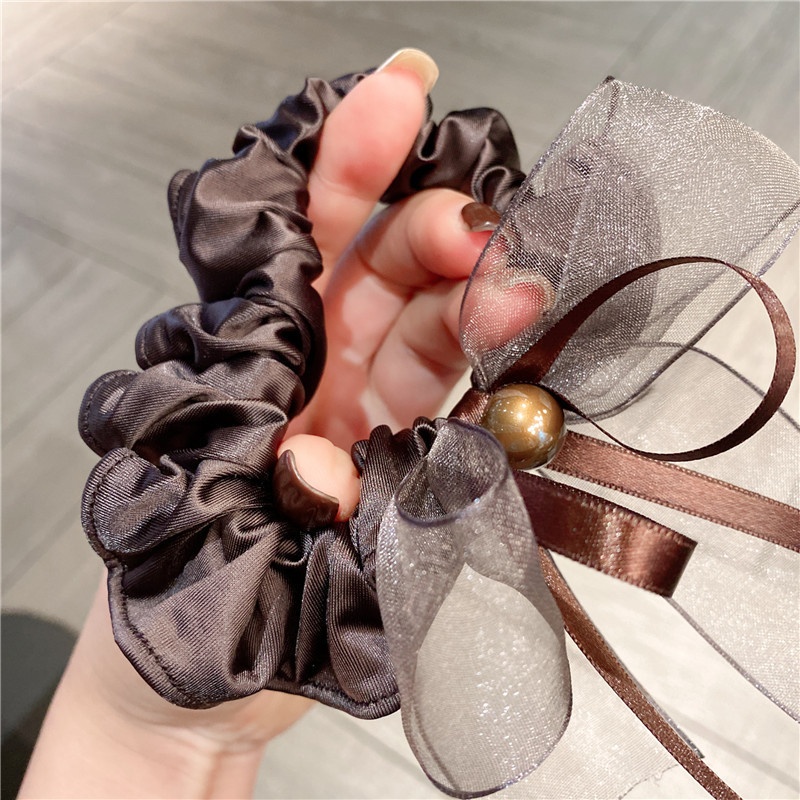 Women's Pearl Gauze Bow Hair Tie Elegant Low Ponytail Elastic Band Black Brown