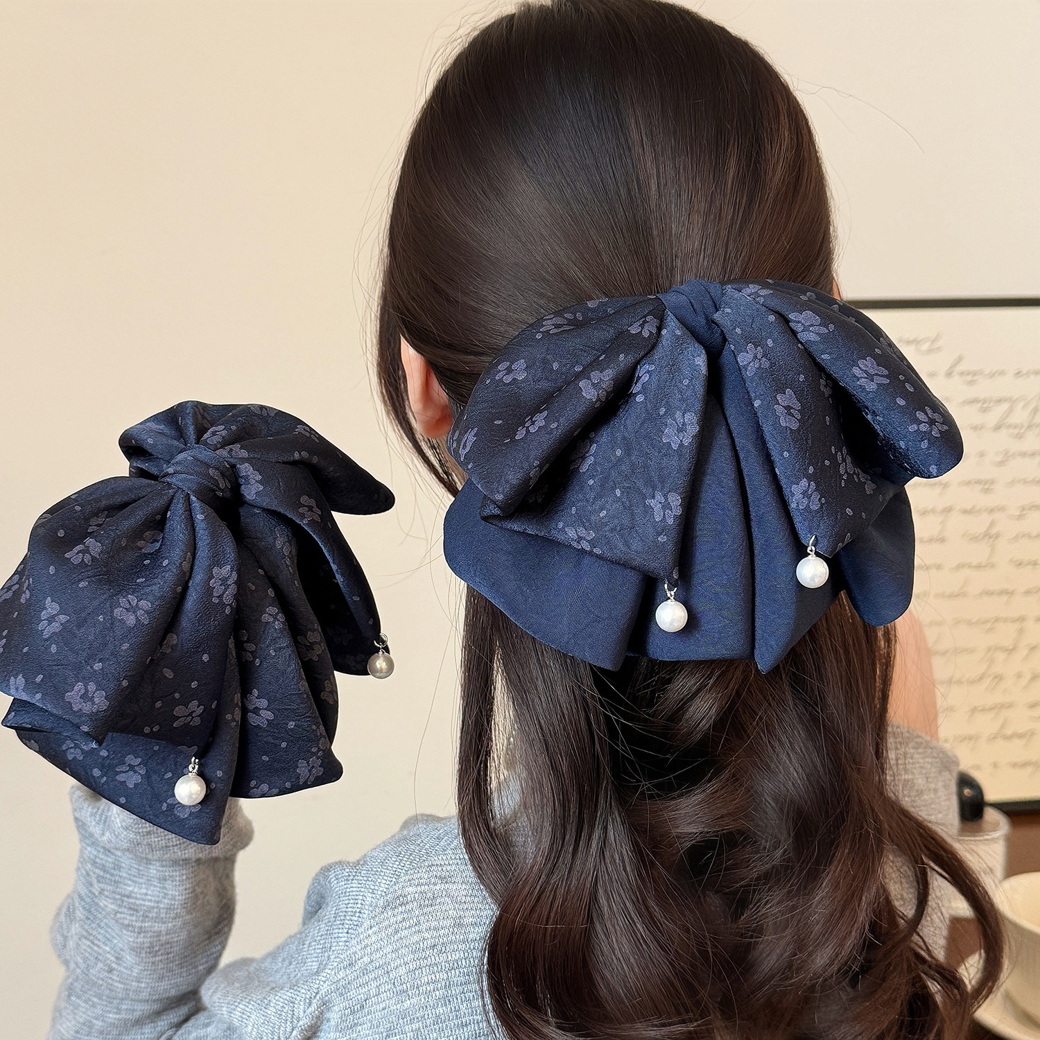 Women's Vintage Print Silk Ribbon Bowknot Hair Clip for Low Ponytail