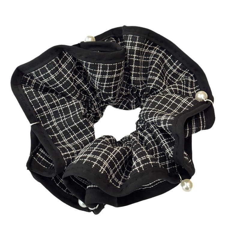 Women's Retro Pearl Cloth Scrunchie Hair Tie Black & White Checkered Plaid