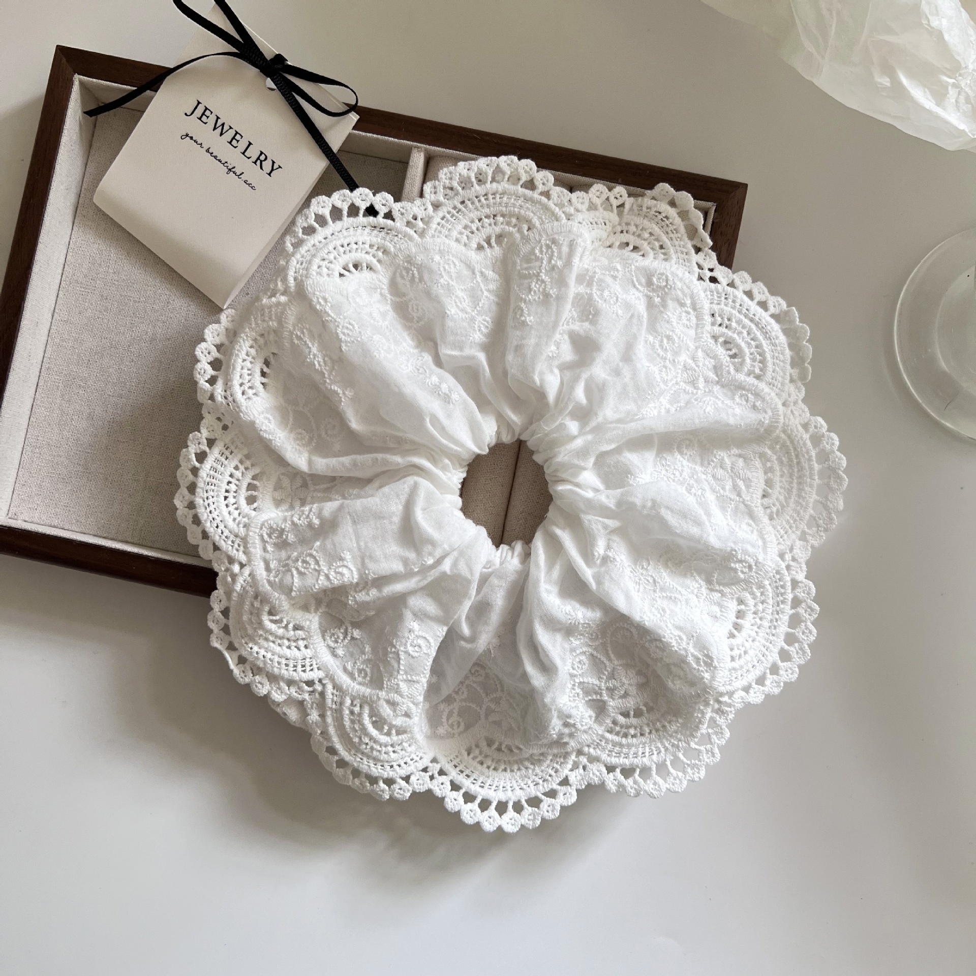Women's Elegant Large Lace Scrunchie Sweet Ponytail Tie Solid White