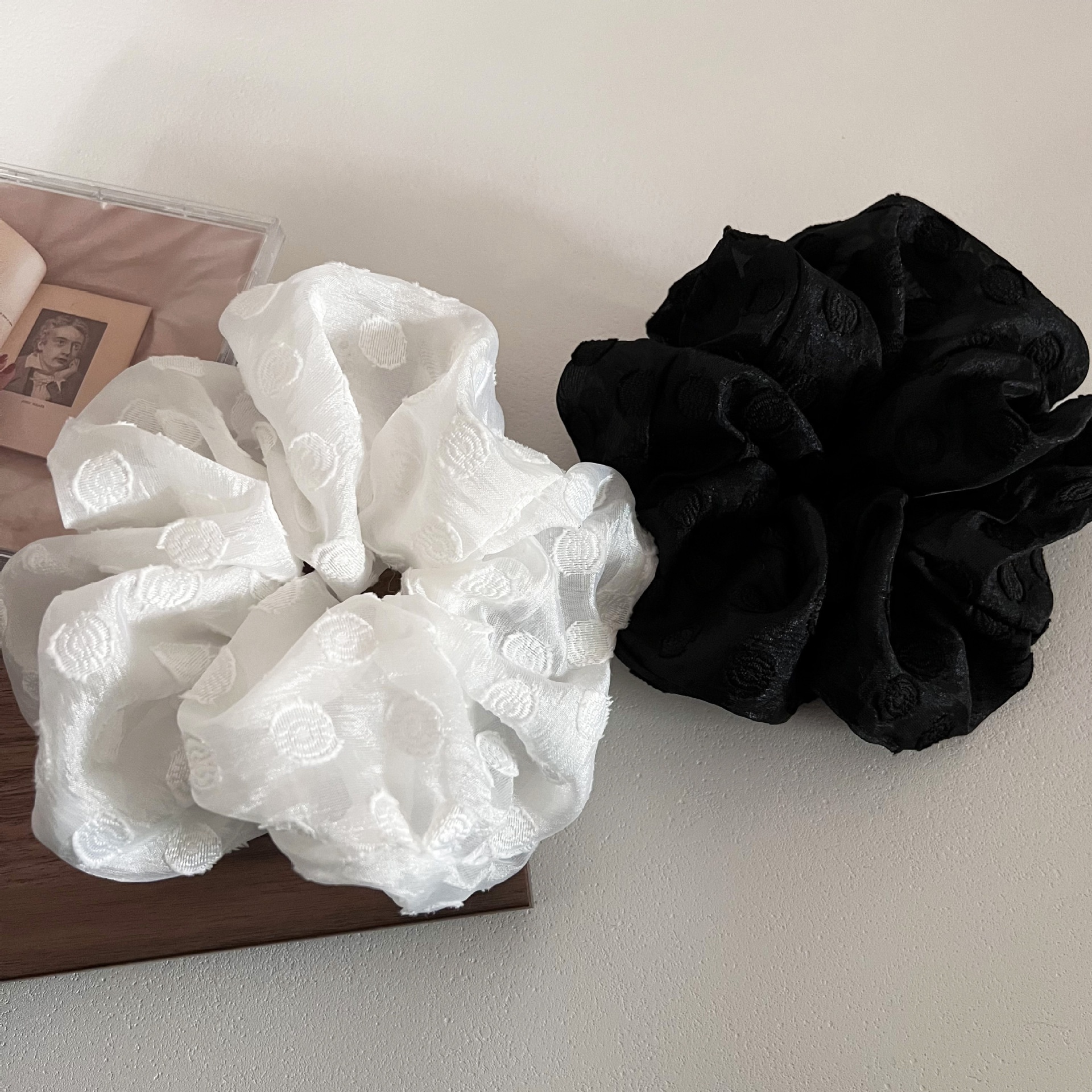 Women Summer Gauze Low Tail Hair Tie White Black Embroidered Polka Dot