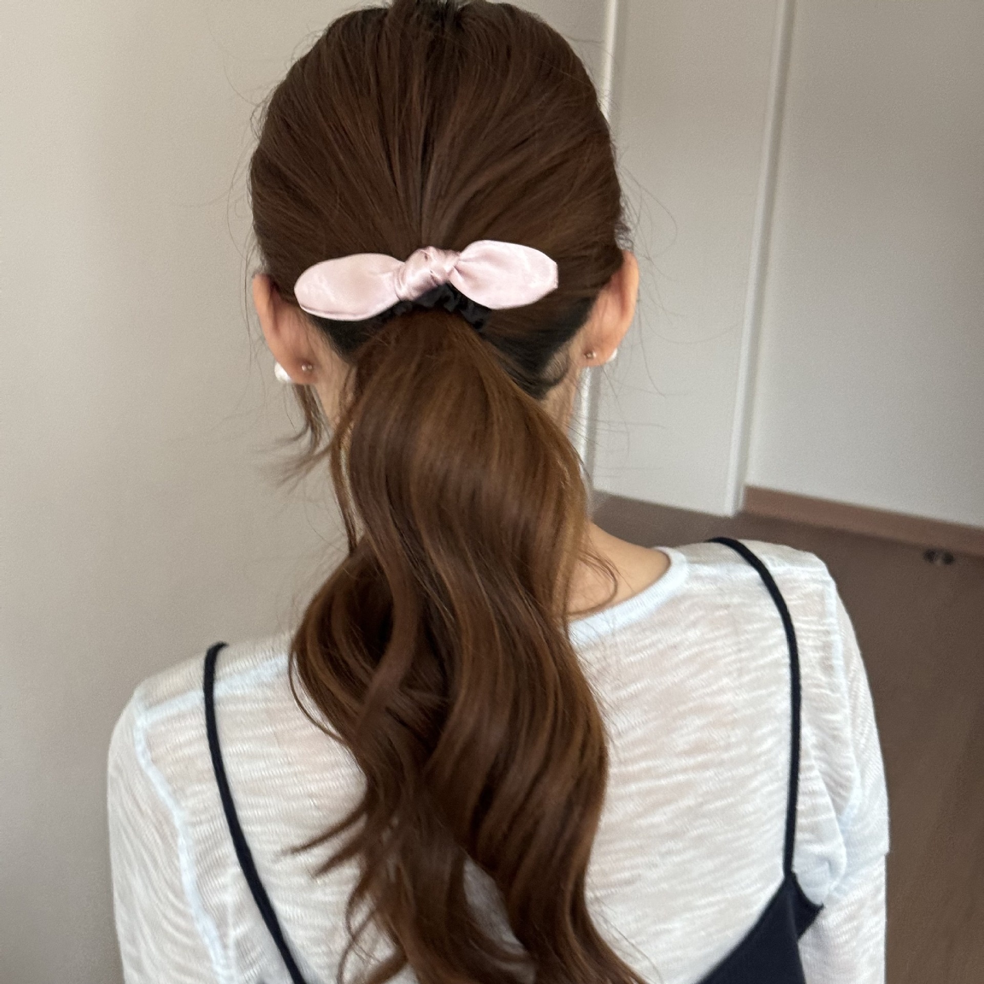 Women's French Satin Spring Ponytail Holder Hair Tie Pink Bowknot
