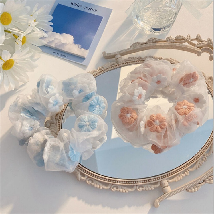 Women's Sweet Embroidered Flower Gauze Hair Tie Romantic Spring Holiday Style