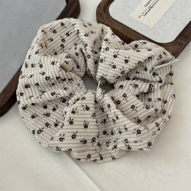 Women's Fall Winter Corduroy Hair Tie Scrunchie Khaki Ditsy Floral