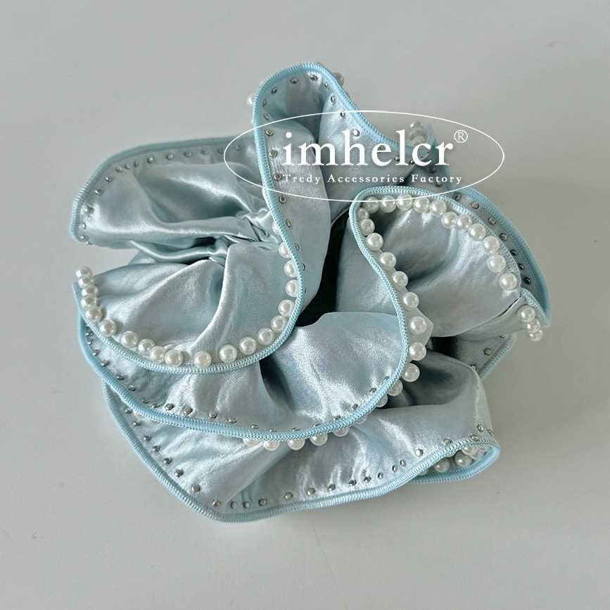 Women's French Satin Pearl Beaded Elastic Scrunchie Solid Color