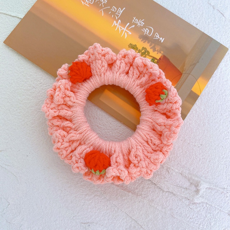 Women Girls Winter Wool Knitted Bow Hair Tie Creamy Strawberry