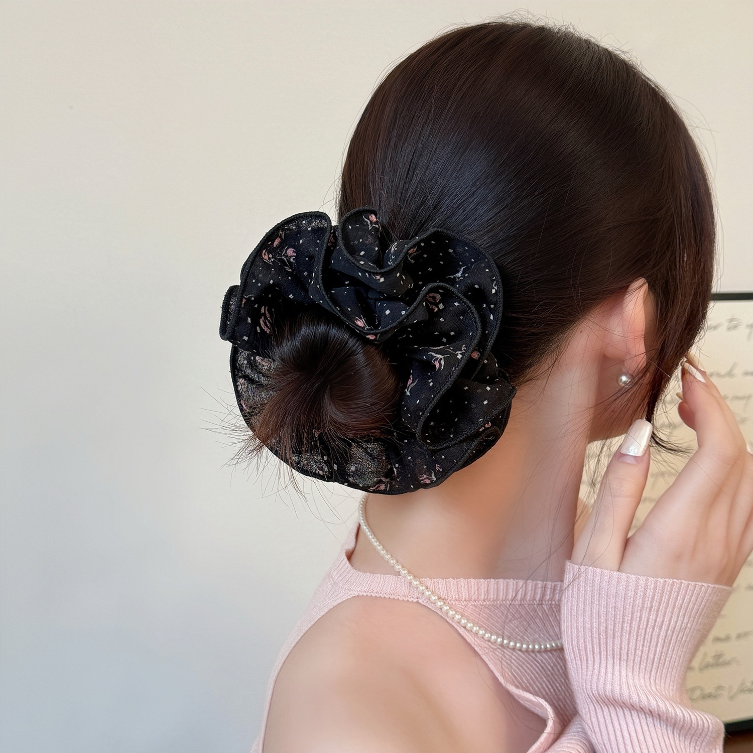 Women's Spring Lace Gauze Hair Tie Scrunchie Black Printed Pattern
