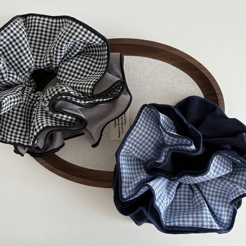 Women's Fabric Multi-Layer Hair Scrunchie Preppy Color Block Plaid