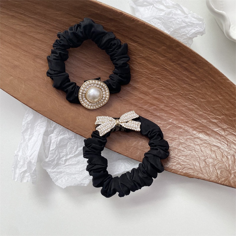 Women's Pearl Bowknot Diamond Alloy Elastic Hair Tie Black Solid Color