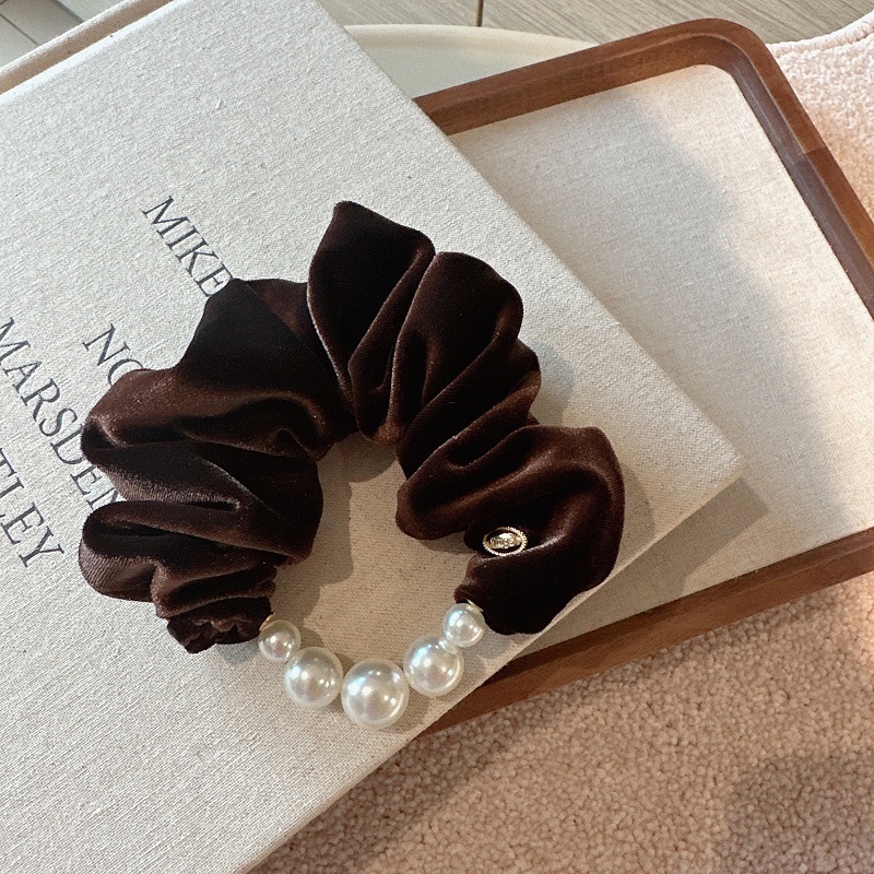 Women Elegant Velvet Pearl Hair Tie Coffee Lake Blue Black Wine Red