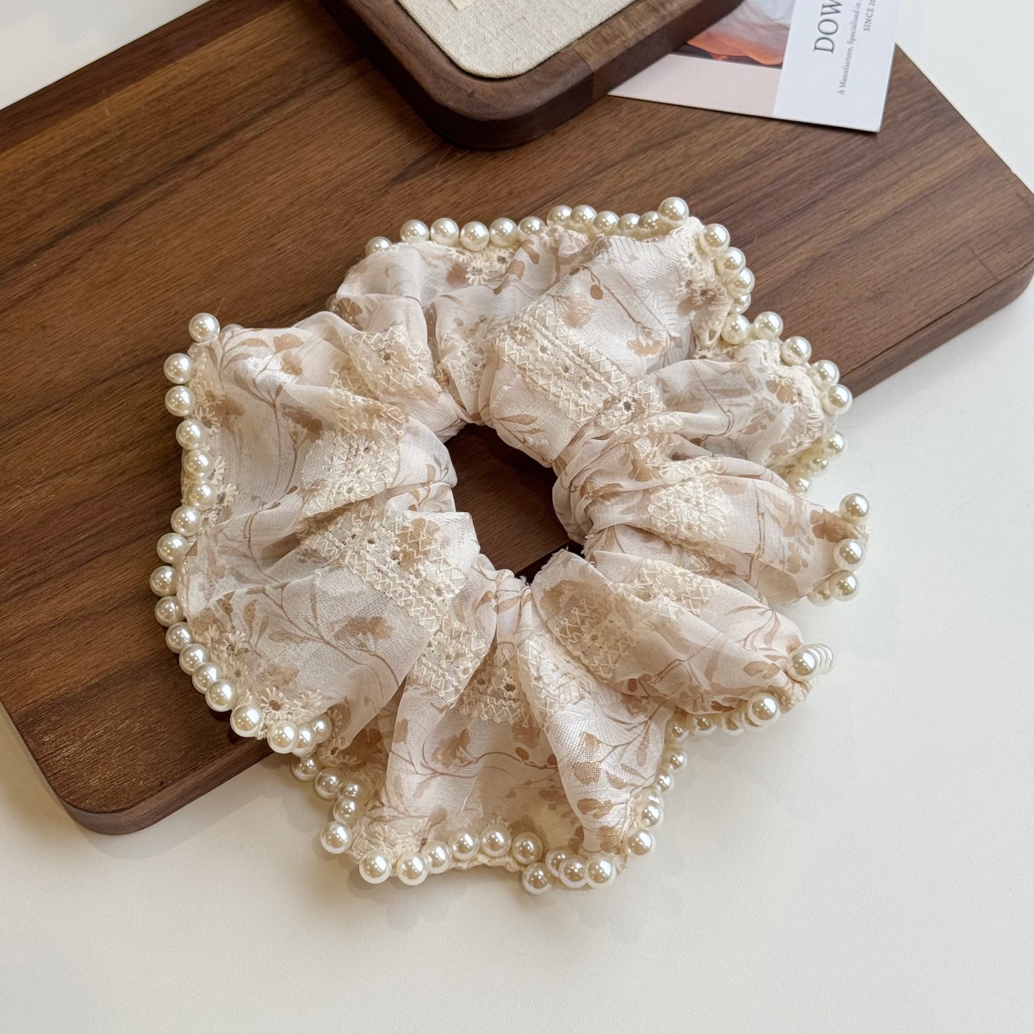 Women's Elegant Lace Pearl Floral Hair Ties Versatile Cloth Headwear for Bun Tail