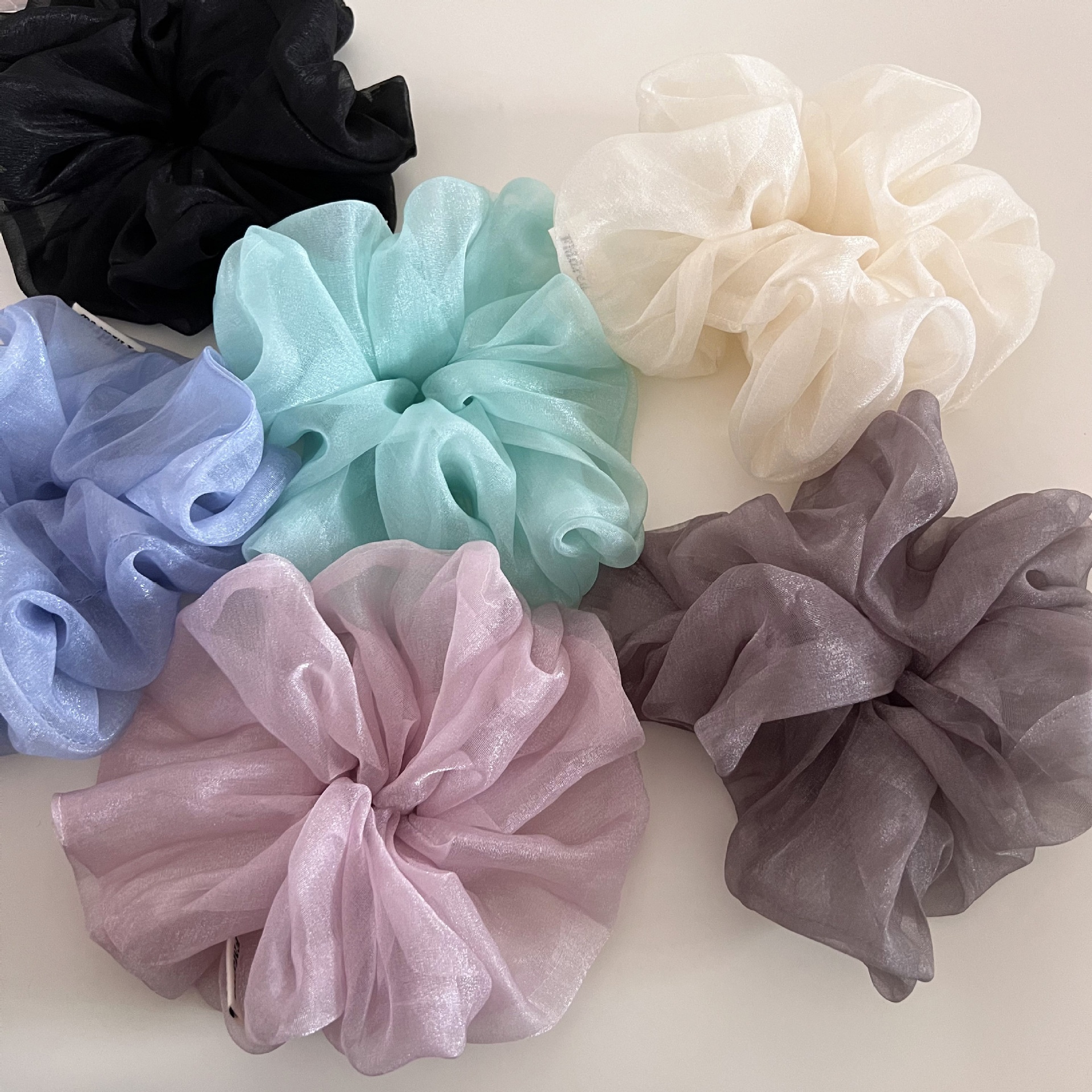 Women's Sheer Gauze Large Bow Hairband Low Bun Pearl Hair Tie Solid Color