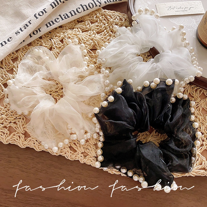 Women's Extra Large Mesh Pearl Scrunchie Bun Styling Hair Tie