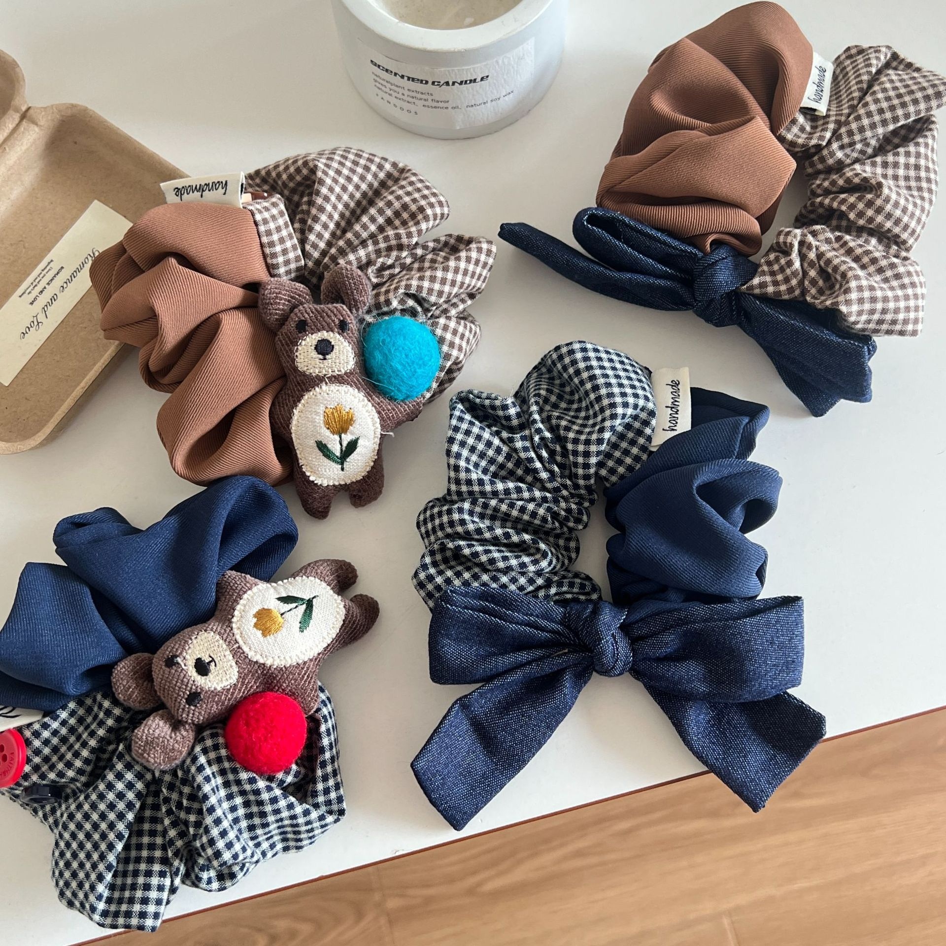 Women's Elegant Plaid Cloth Hair Ties Cute Bear Low Bun Hair Ropes