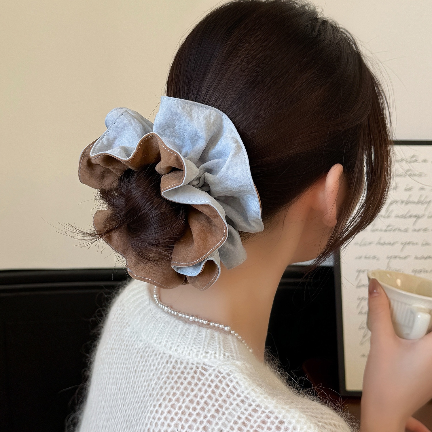 Women Girls Winter Velvet Double Layer Hair Scrunchies Color Block