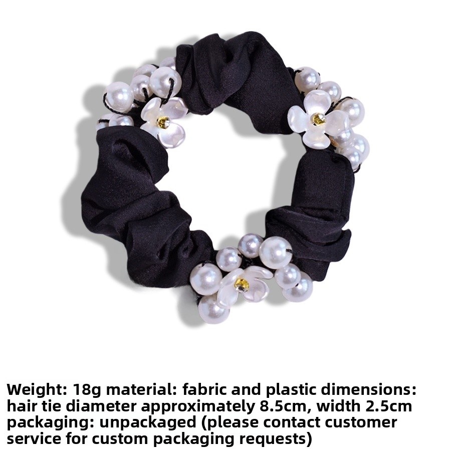 Women's French Satin Crystal Low Bun Hair Tie Rose Floral Beige Black