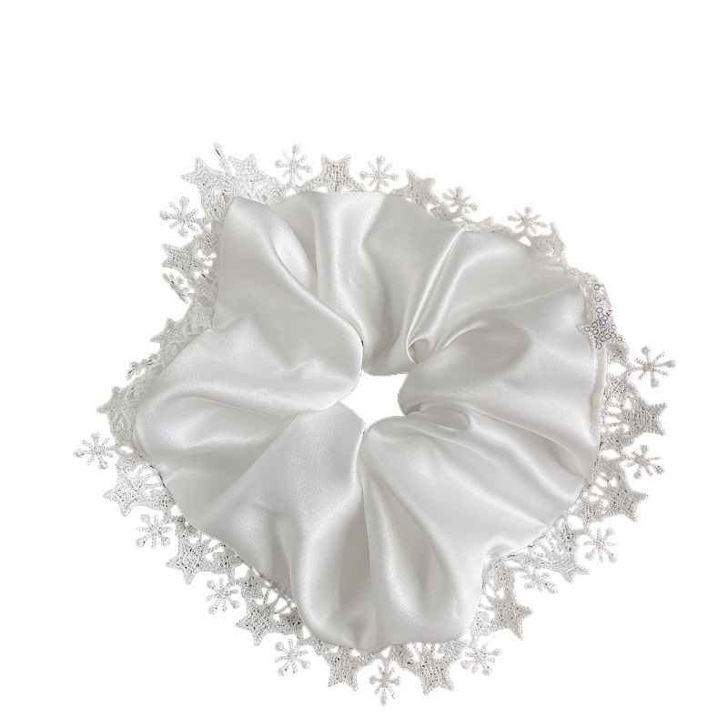 Women's French Style Satin Large Scrunchie Hair Tie White Star Lace