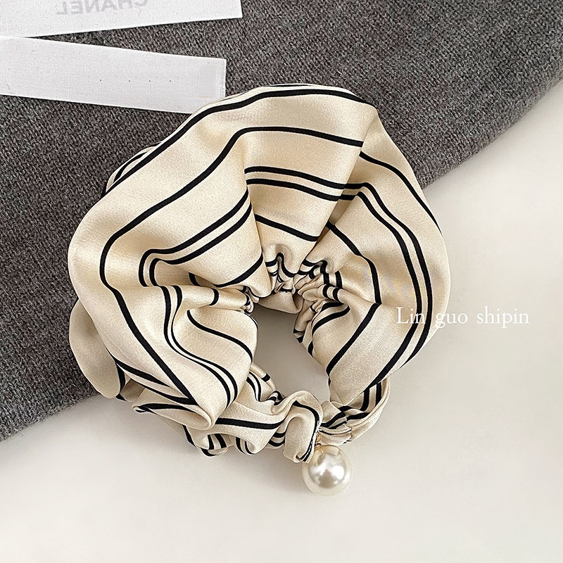 Women's All-Season Soft Satin Pearl Hair Tie Striped Beige Black