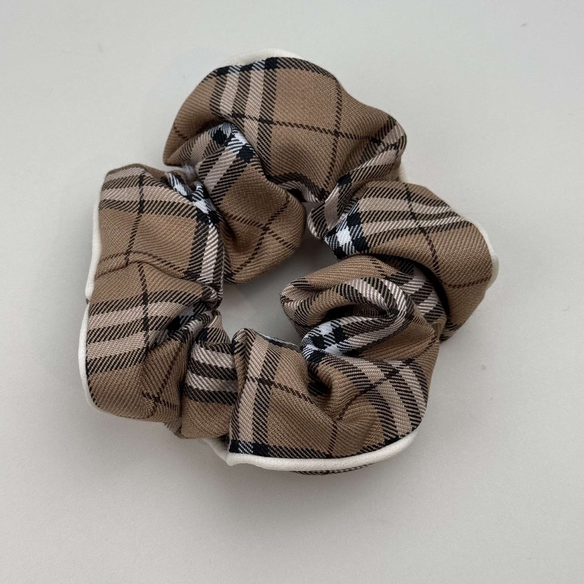 Women's Elegant Scarf Hair Tie Premium Bun Band Plaid Coffee Beige