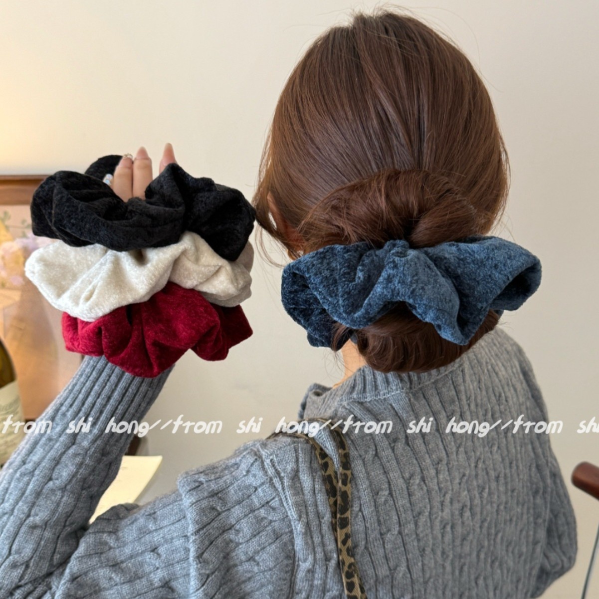 Women's Retro Flannel Hair Tie For Autumn & Winter Solid Black