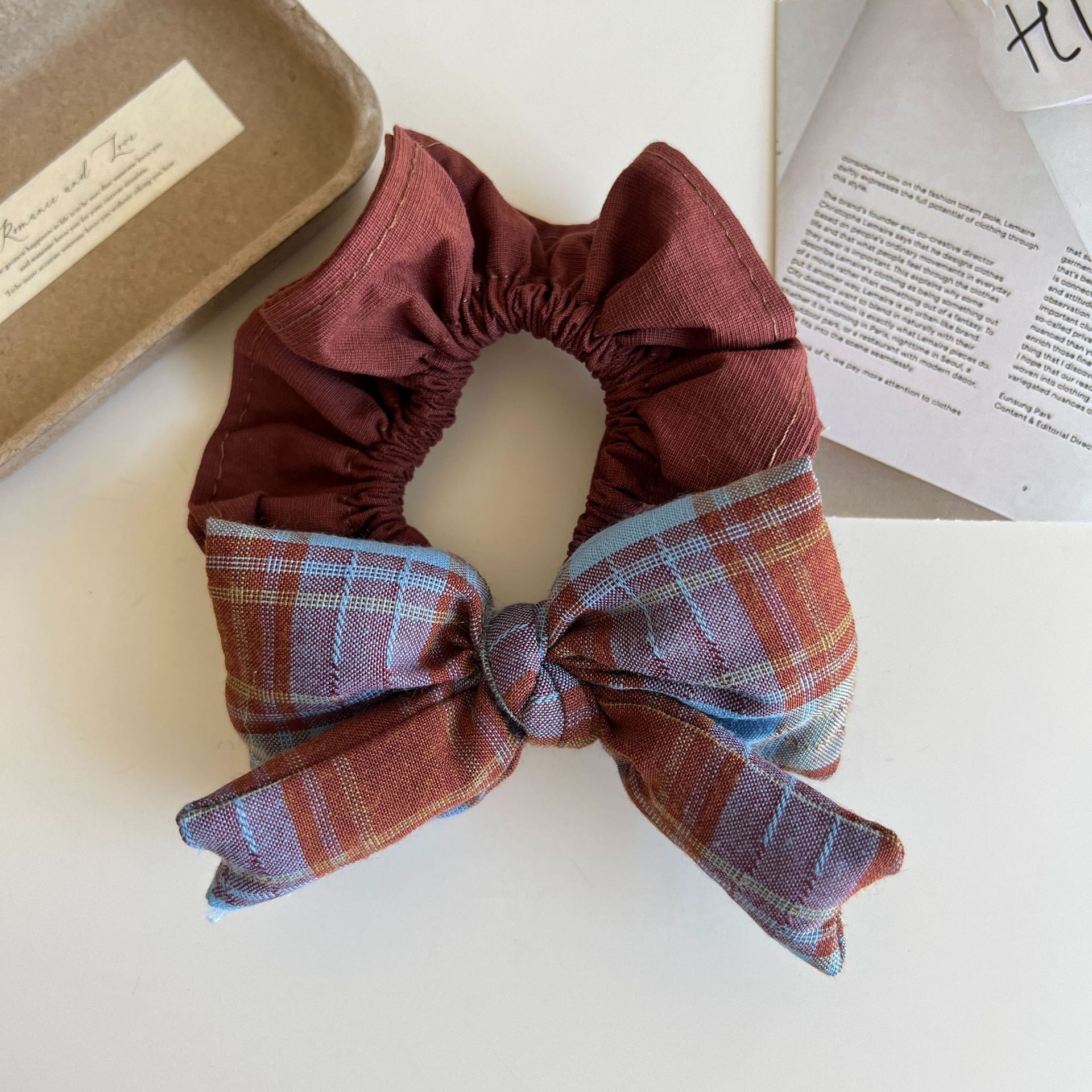 Women Girls Cloth Scarf Ponytail Hair Tie Blue Red Plaid Lattice