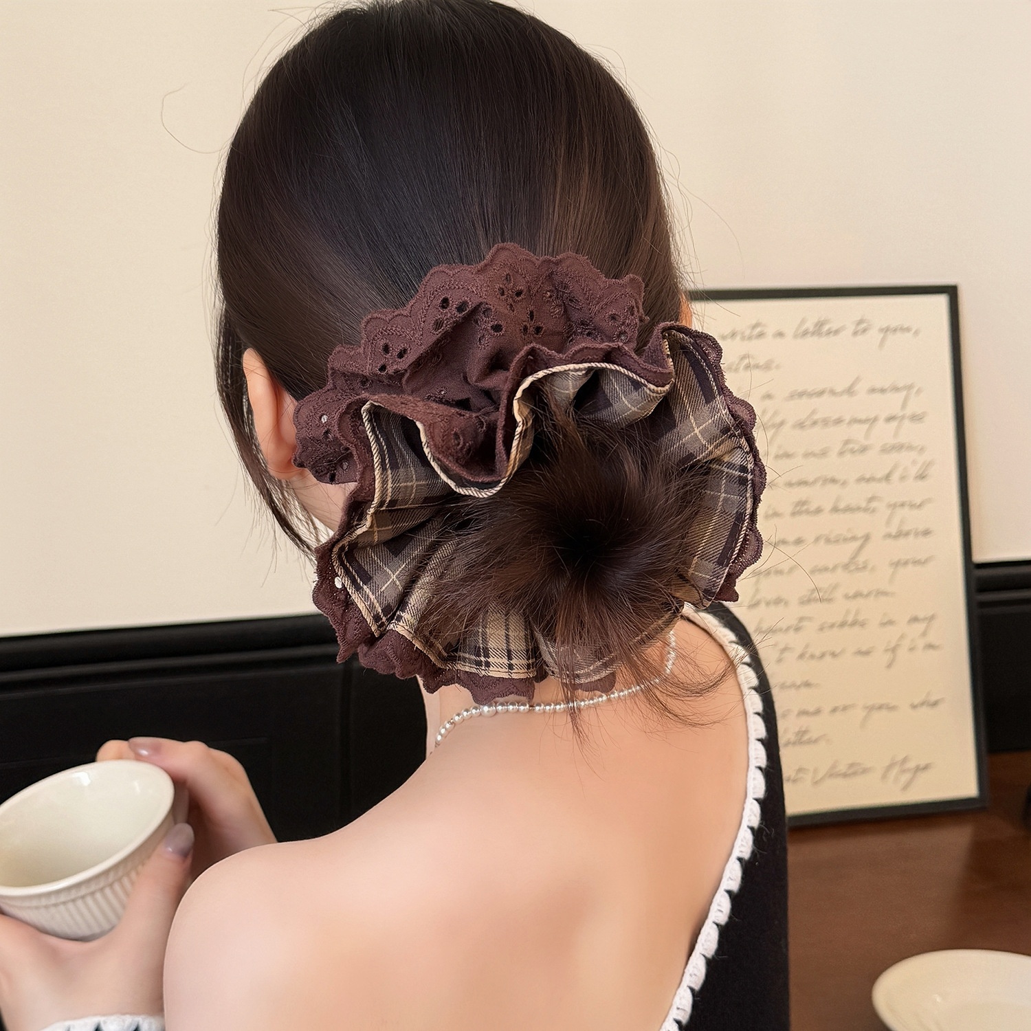 Women's Casual Cloth Lace Scrunchie Hair Tie Navy Blue Checkered