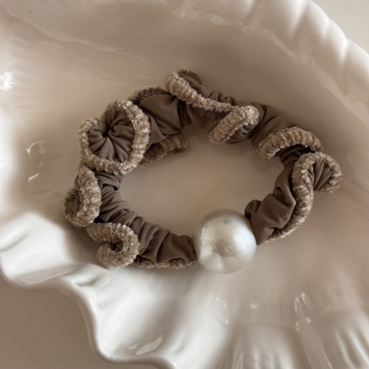 Women's Winter Plush Bow Hair Tie Pearl Khaki Coffee Beige Black