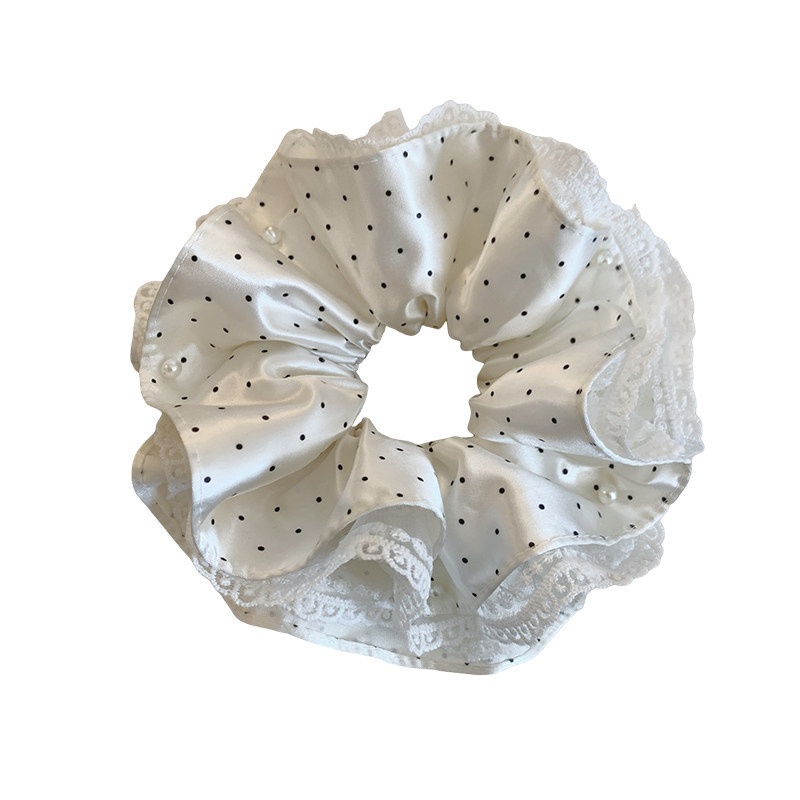 Women's Spring Satin Lace Scrunchie Hair Tie White Polka Dots
