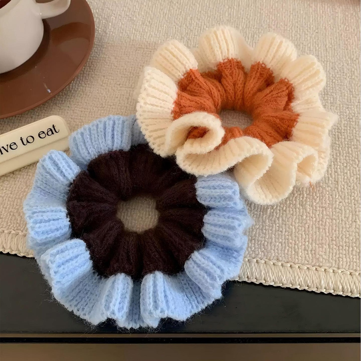 Women's Winter Knitted Lazy Bun Hair Scrunchie Color Block Pattern