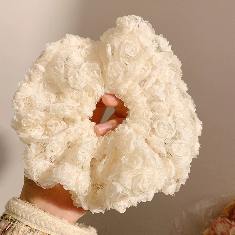 Women's Elegant Banquet Oversized Lace Elastic Hair Tie White Floral