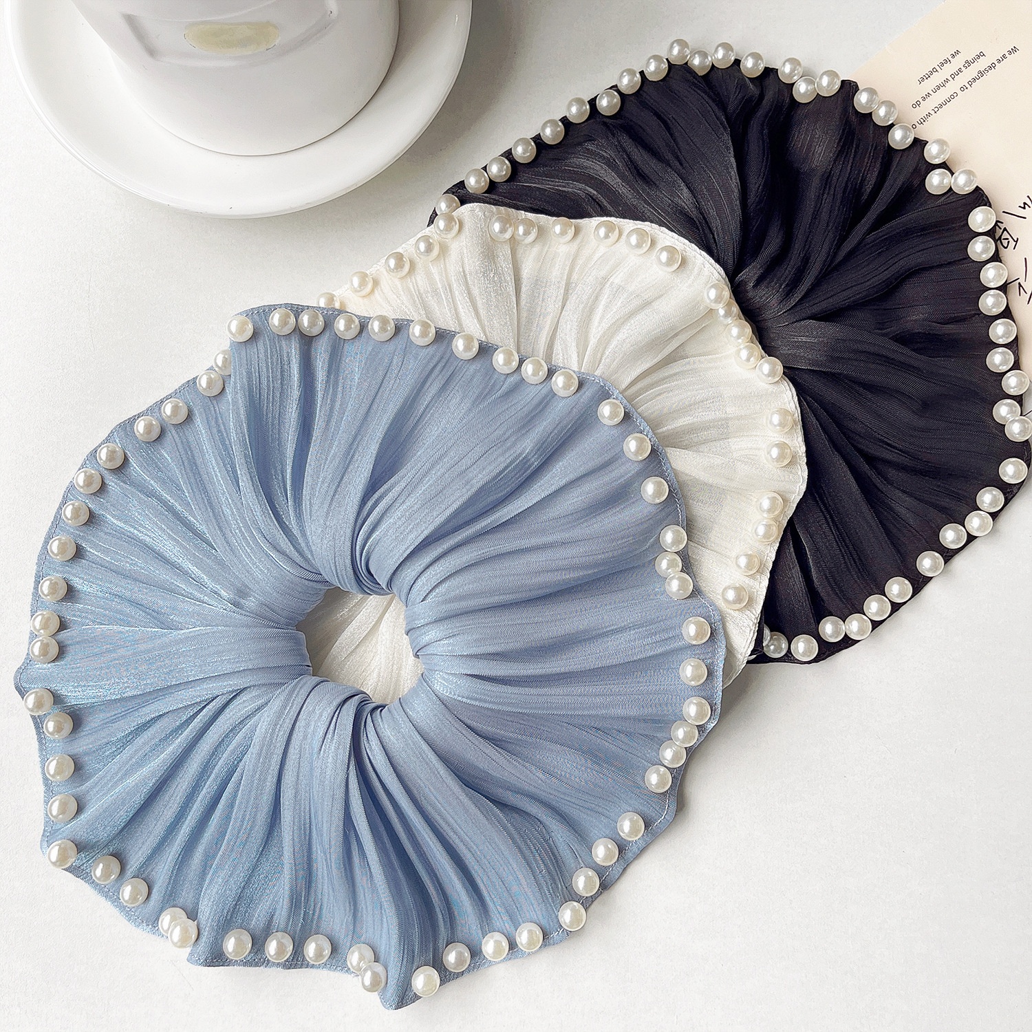 Women Large Pearl Satin Party Headband Hair Accessory White Black Blue