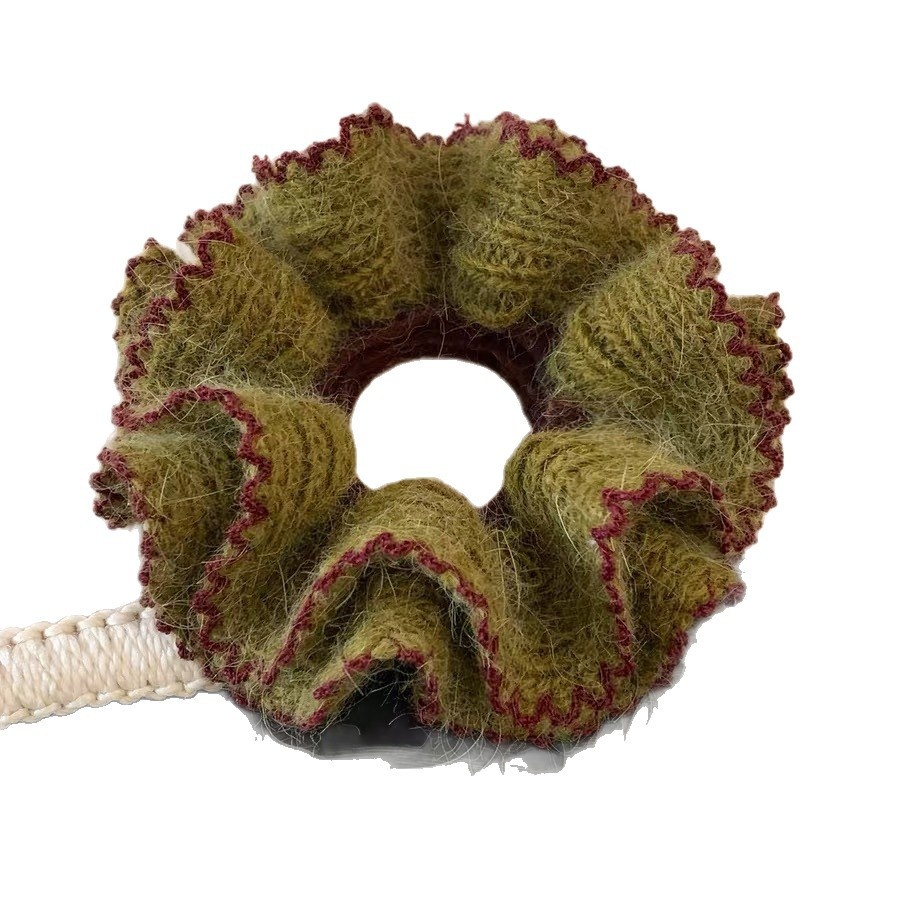 Women's Winter Knitted Woolen Hair Ties Double Layer Green Color Block