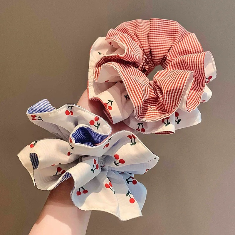 Women's Elegant Double Layer Cloth Hair Bands For Weekend Cherry Plaid