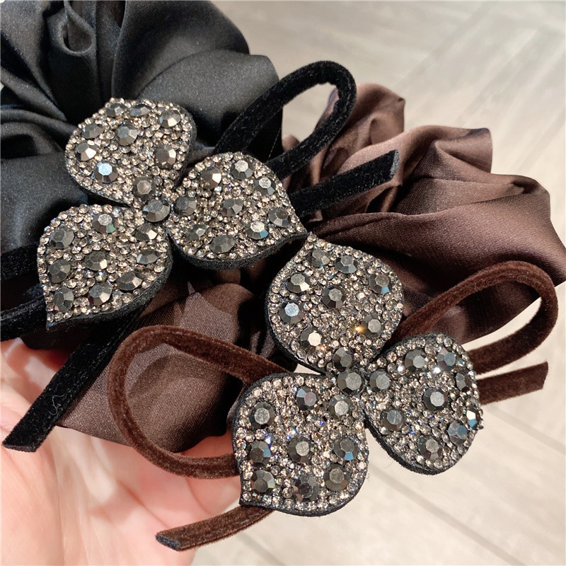 Women's French Retro Bowknot Rhinestone Flower Hair Tie Coffee Black
