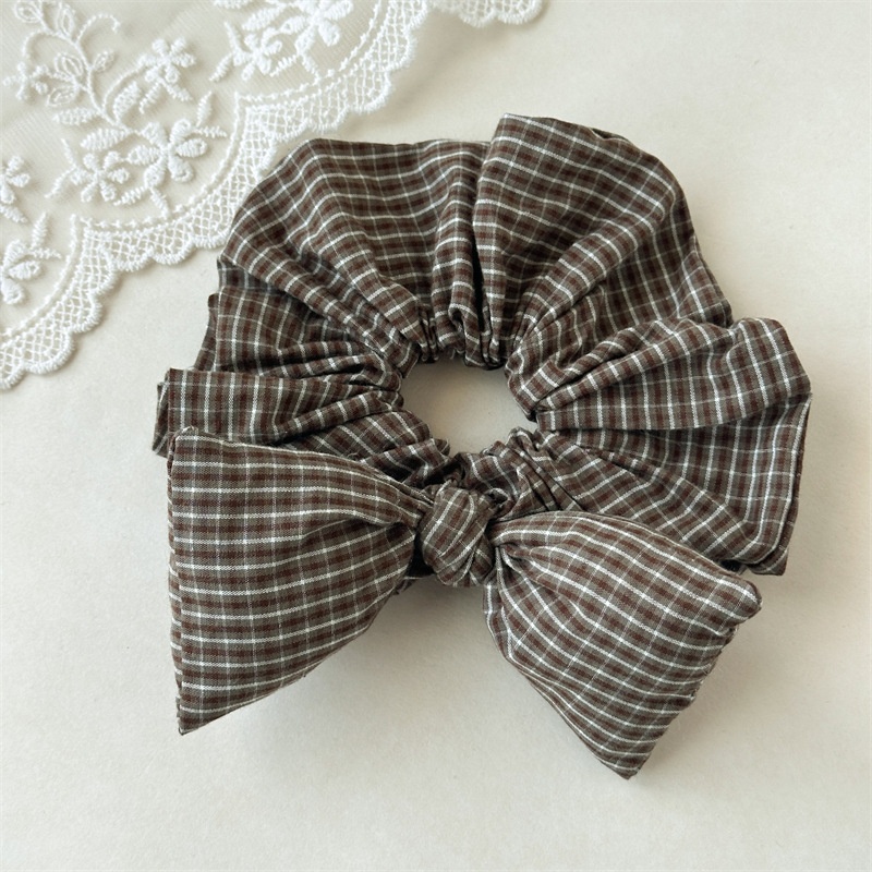 Women's Large Retro Plaid Bowknot Hair Tie Preppy Fabric Elastic Band