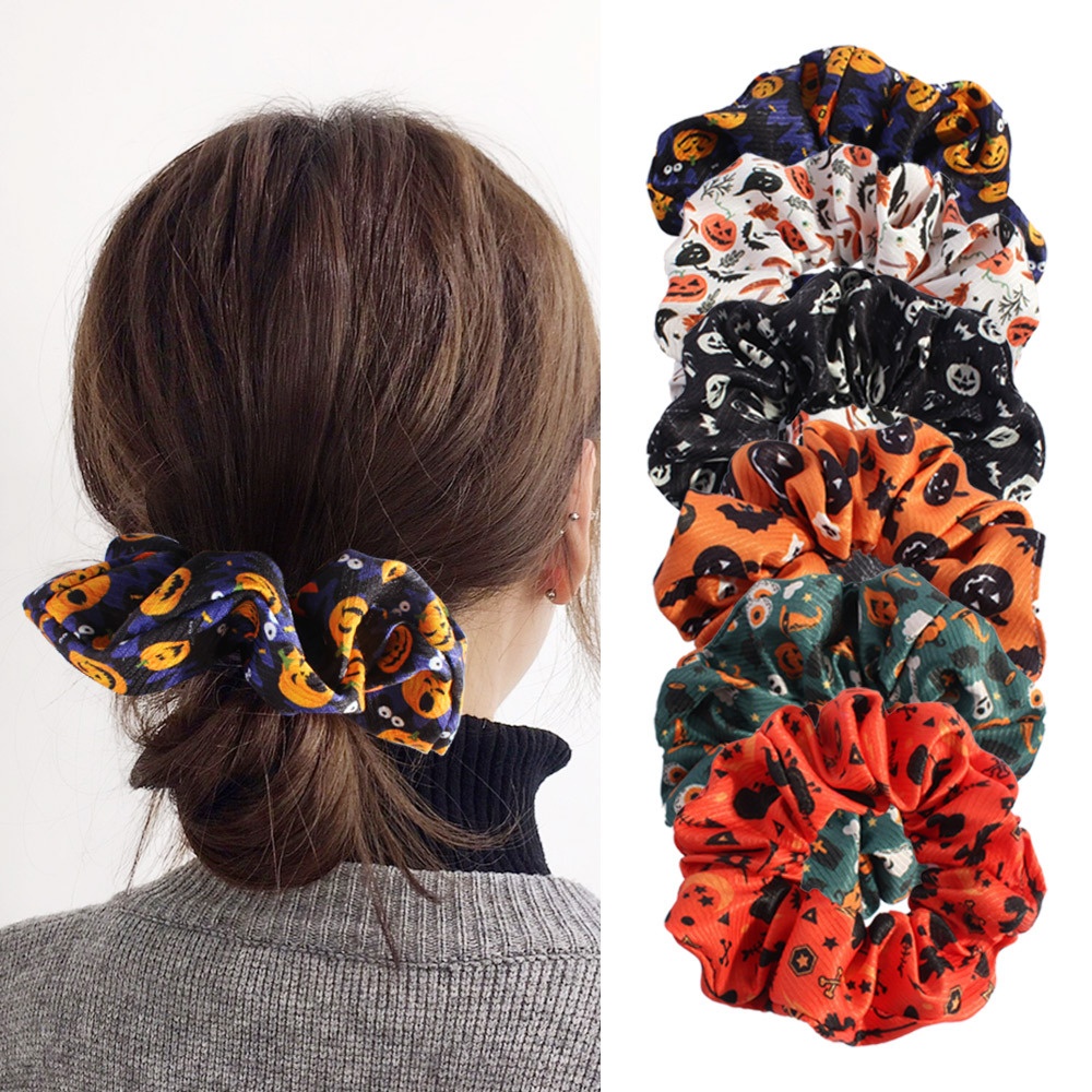 Women's Halloween Fabric Hair Ties Black Skeleton Head Dark Style