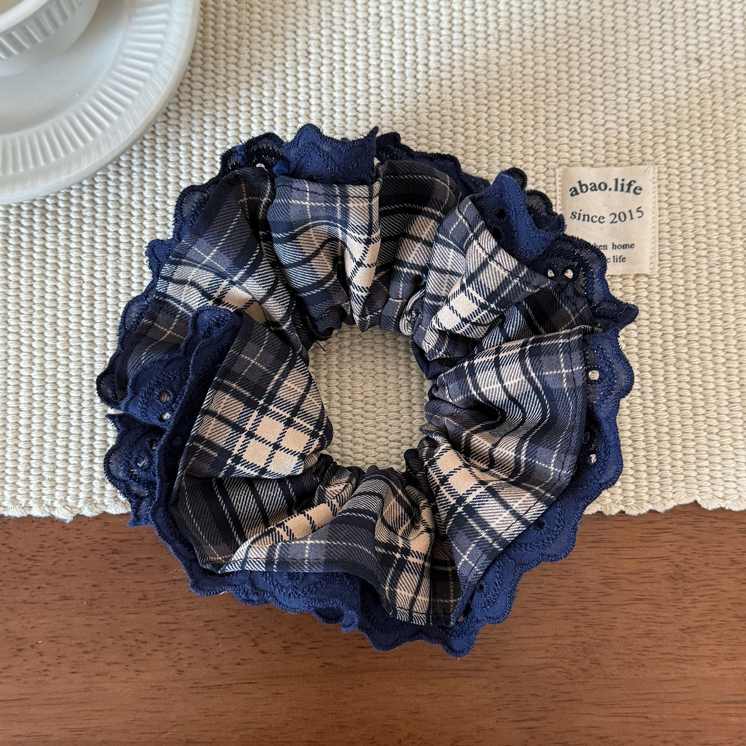 Women's Casual Cloth Lace Scrunchie Hair Tie Navy Blue Checkered