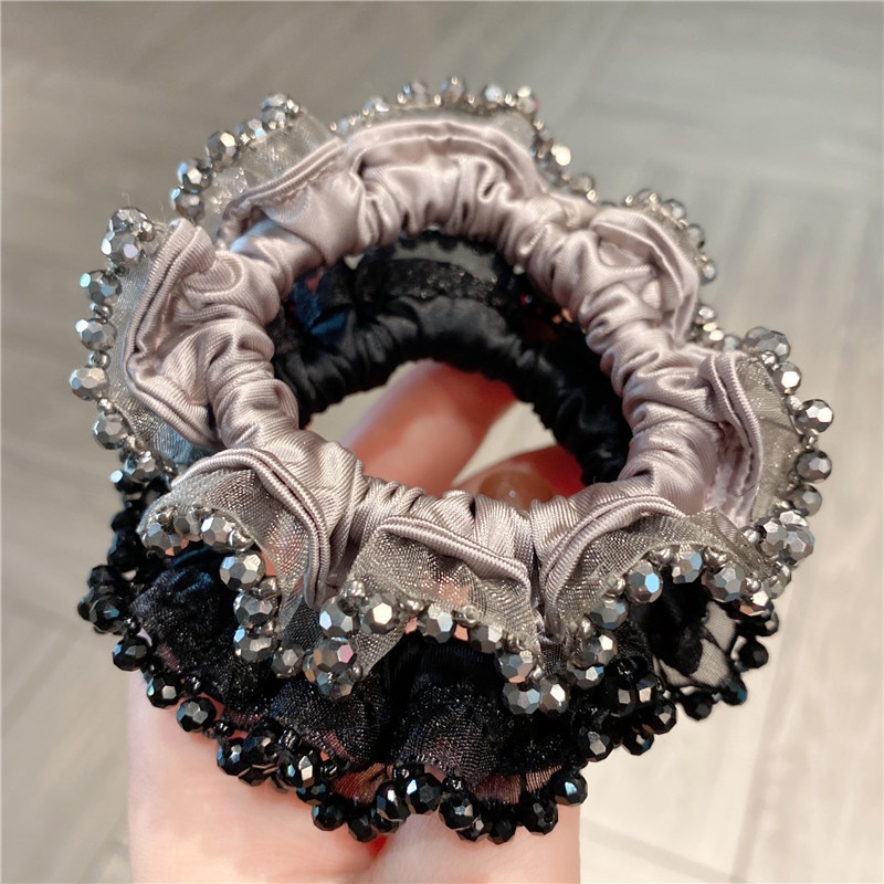 Women's High Elastic Cloth Crystal Daily Hair Bun Tie Solid Grey Black