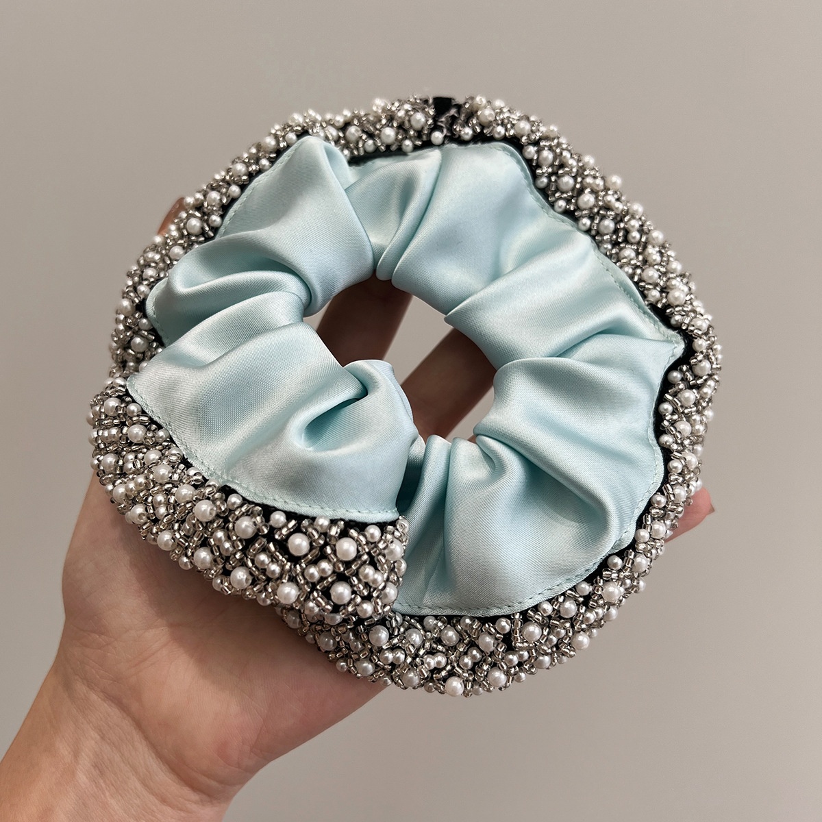 Women's Elegant Pearl Crystal Satin Hair Ties French Vintage Black Brown Scrunchie