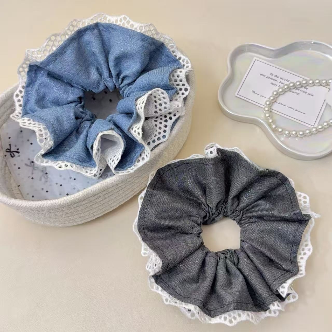 Women's Spring Lace Cloth Hair Tie Scrunchie Grey And Black Splicing