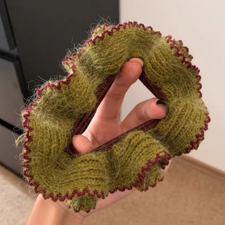 Women's Winter Knitted Woolen Hair Ties Double Layer Green Color Block