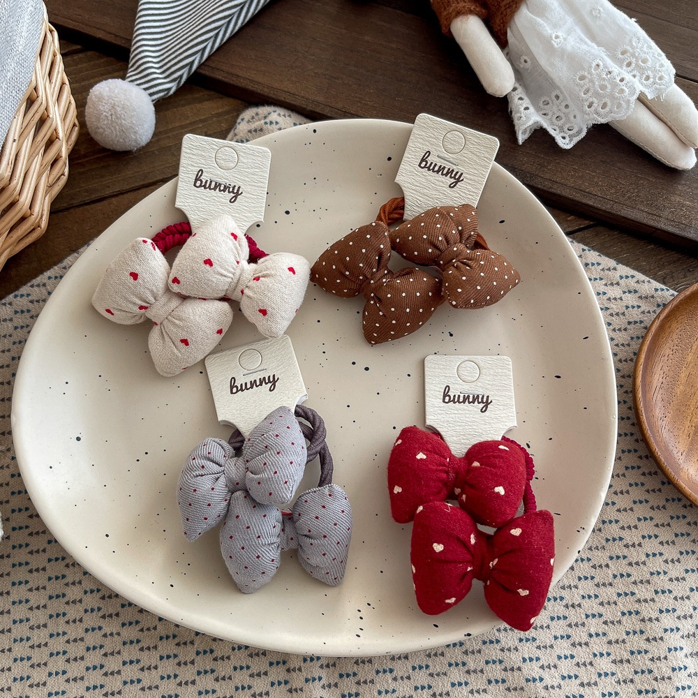 Girls Non-Damaging Cotton Hair Ties Cute Polka Dot Heart Bow Accessories