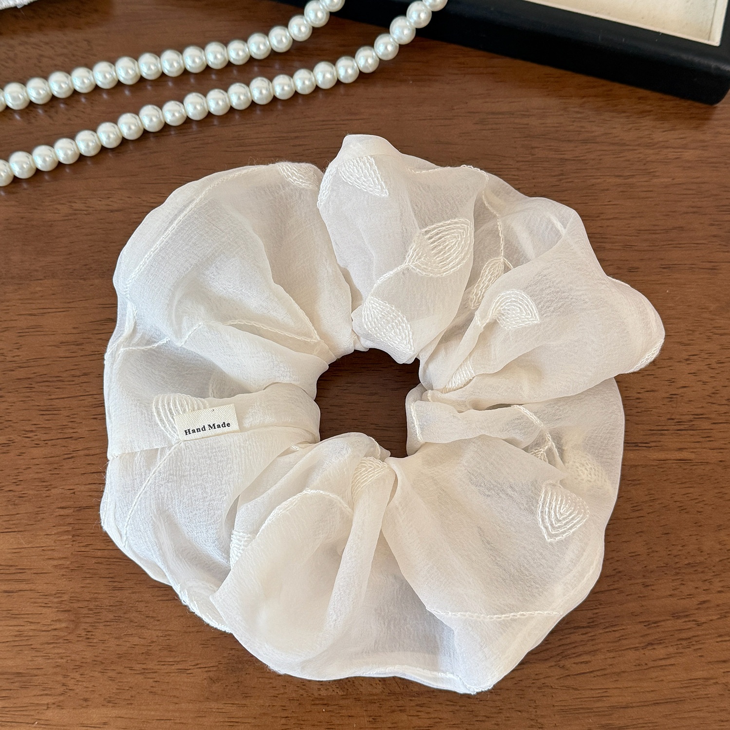 Women's Spring Soft Gauze Hair Tie Beige Floral Butterfly Embroidery