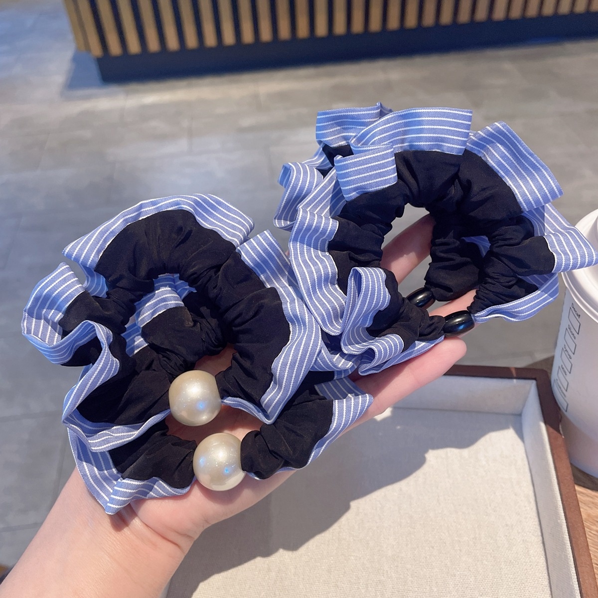 Women's Summer Pearl Rubber Band Hair Tie Accessory Blue Striped Cloth