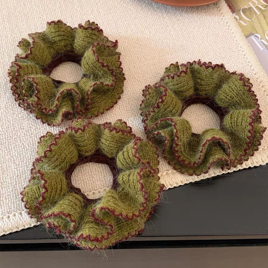 Women's Winter Knitted Woolen Hair Ties Double Layer Green Color Block