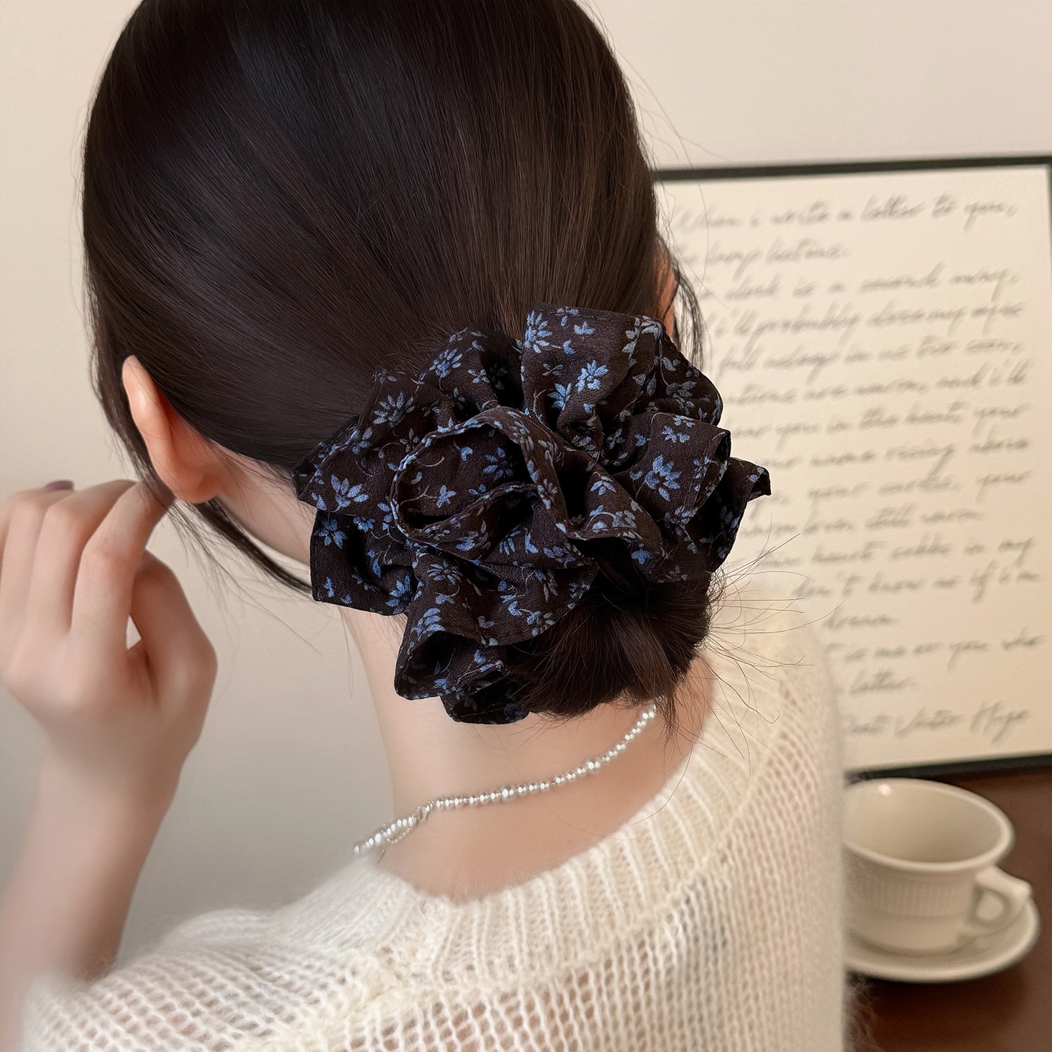 Women's Elegant Fabric Bun Hair Scrunchies Double Layer Black Floral